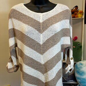Chicos Tan White Chevron Knit Roll Tab Sleeve Sweater Women Size 00 XS